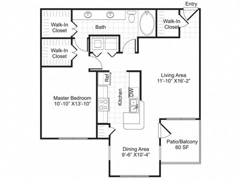 Floor plan for 1 bed, 1 bath, 928 sqft